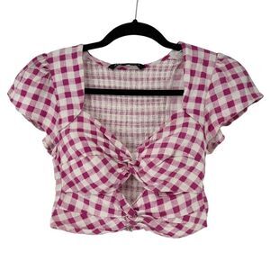 Zara Gingham Crop Top Pink Size XS Smocked Back Twist Front Keyhole Preppy VNeck